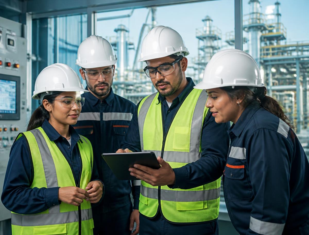 Equipo de profesionales de una planta química revisando información